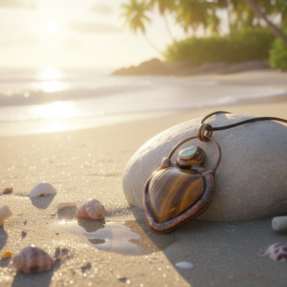 🆕️Boho Chic Copper Heart Pendant Necklace | Genuine Tiger's Eye & Abalone Shell - Picture 6 of 14